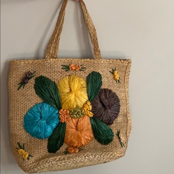 Vintage Handbags - Vintage Handbag, Straw Flower Purse, Vintage Beach Bag, Floral Purse